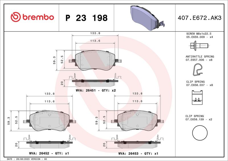 Piduriklotsi komplekt, ketaspidur, BREMBO P 23 198