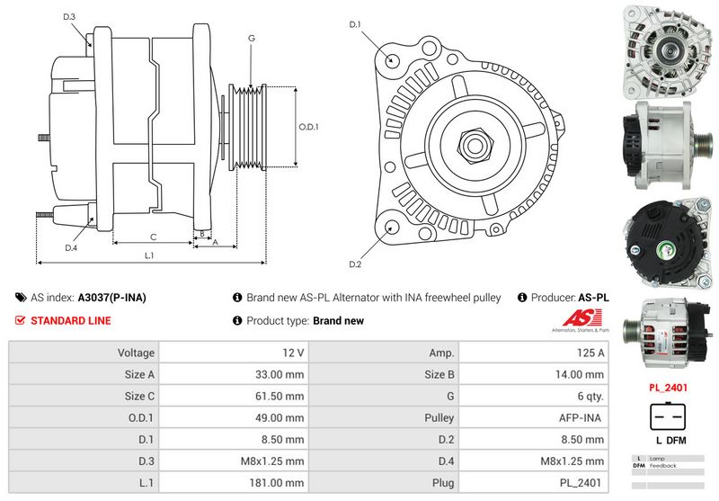 AS-PL A3037(P-INA) Alternator