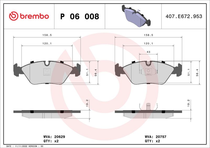 BREMBO Remblokkenset, schijfrem P 06 008