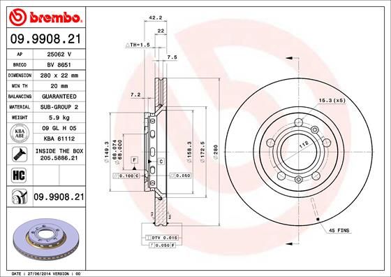 Гальмівний диск, Brembo 09.9908.21