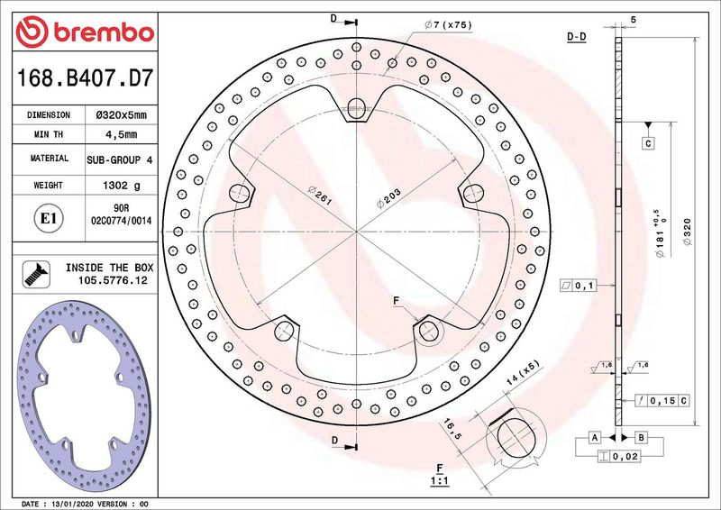 Brake disc Voor vast, 320/181x5mm 5x203mm, diameter bevestigingsgat 14mm, hoogte (tussenruimte) 0 past: BMW F 1100S/1150R/1150R Rockster/1150RS/1150RT/1200 (Megamoto)/1200 (Sport)/1200GT/1200LT/1200R/