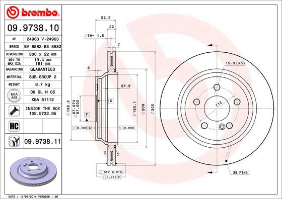 Гальмівний диск, Brembo 09.9738.11