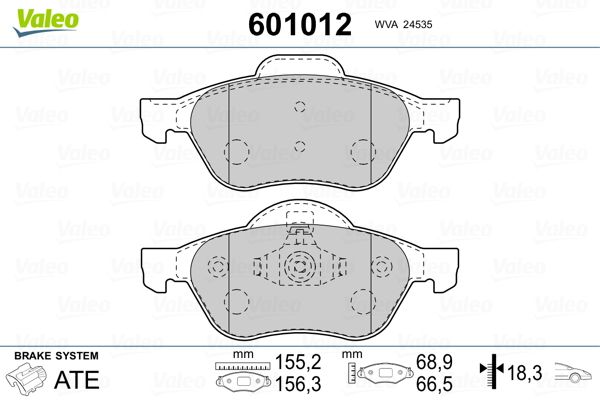 Комплект гальмівних накладок, дискове гальмо, Valeo 601012