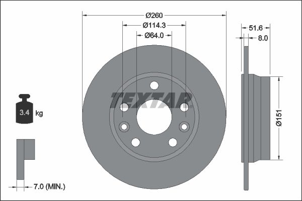 Гальмівний диск, повн., 260мм, NISSAN/RENAULT Juke/Captur/Megane D260 F 15>>, Textar 92337703