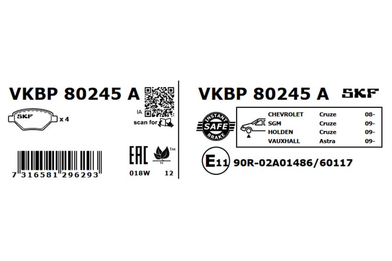 Комплект гальмівних накладок, дискове гальмо, Skf VKBP80245A