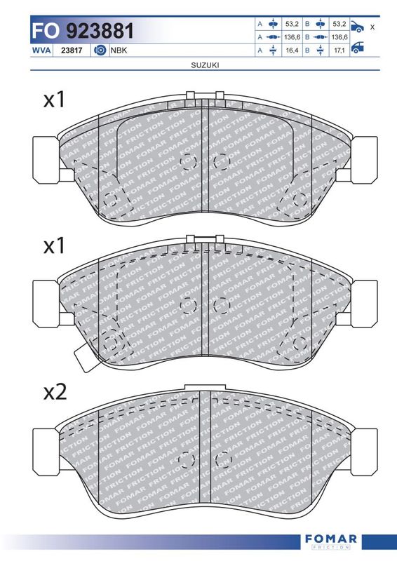 Комплект гальмівних накладок, дискове гальмо, Fomar 923881