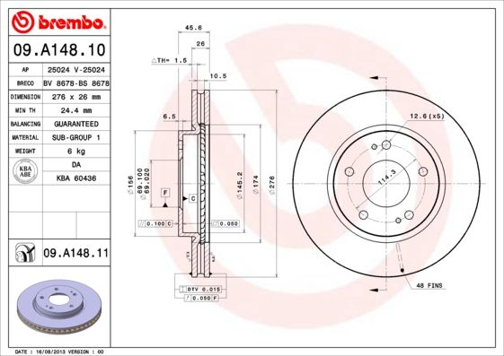 Диск тормозной MITSUBISHI LANCER 2.0 03-, SPACE WAGON 98-передн. (выр-во BREMBO)