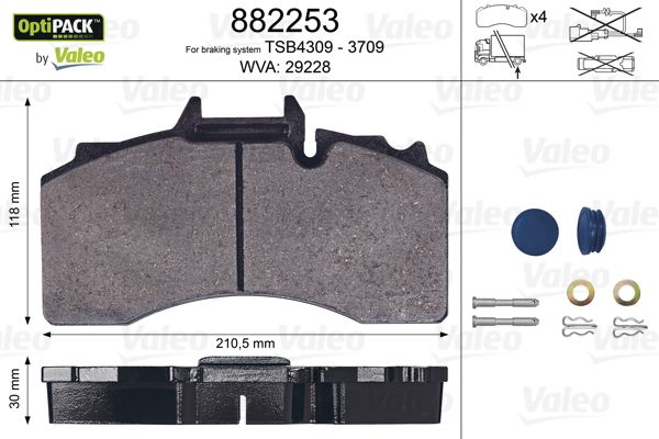 Комплект гальмівних накладок, дискове гальмо, Valeo 882253