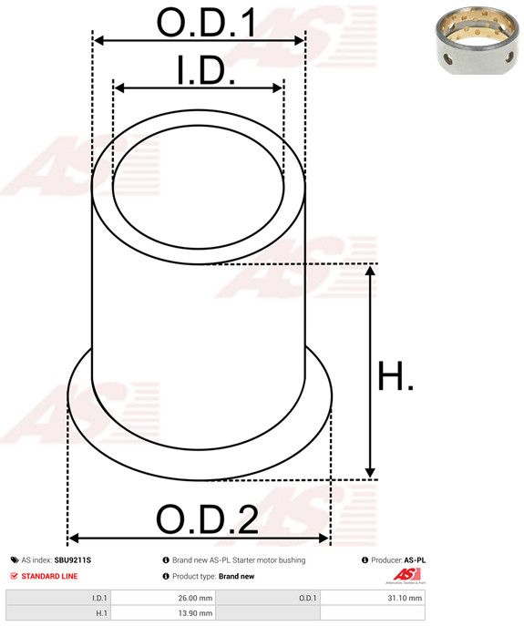 AS-PL SBU9211S Bush, starter shaft