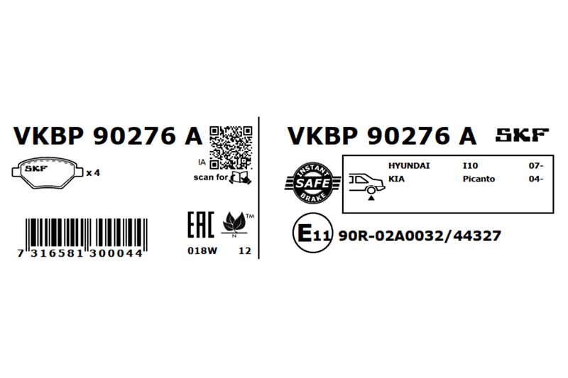 Комплект гальмівних накладок, дискове гальмо, Skf VKBP90276A