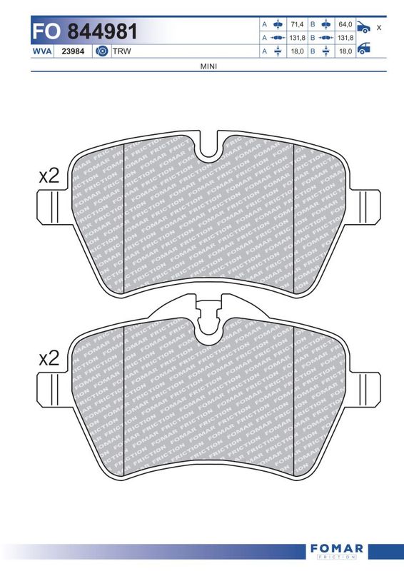 Комплект гальмівних накладок, дискове гальмо, передня вісь, гальмівна система TRW, Fomar 844981