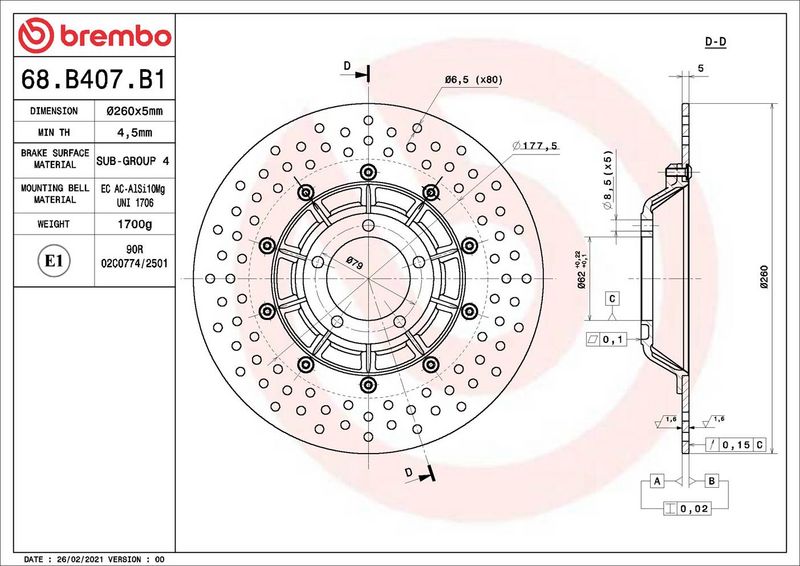 Brake disc Voor vast, 260/62x5mm 5x79mm, diameter bevestigingsgat 8,5mm, hoogte (tussenruimte) 0 past: BMW R 100/100/7/100CS (Clas. Sport)/100RS/100S/100T (Touren)/45S/60/6/60/7/65 1-Serie/65 2-Serie/