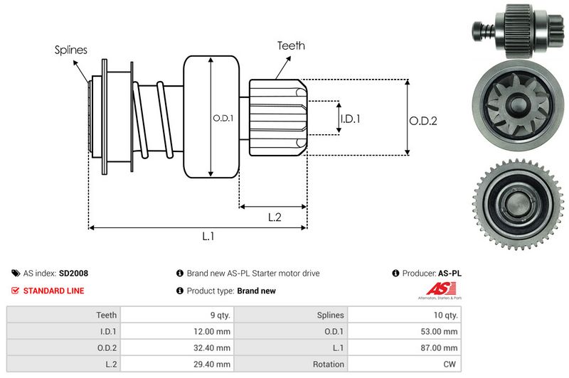AS-PL SD2008 Freewheel Gear, starter
