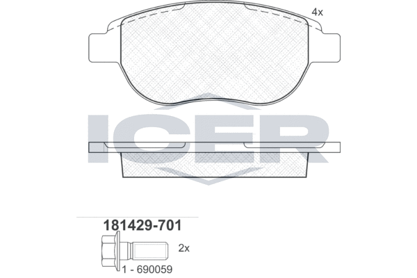 Комплект гальмівних накладок, дискове гальмо, гальмівна система Bosch, Citroen C4 1.6 THP/VTi 04-/Peugeot 207/307 02- (Bosch), Icer 181429701