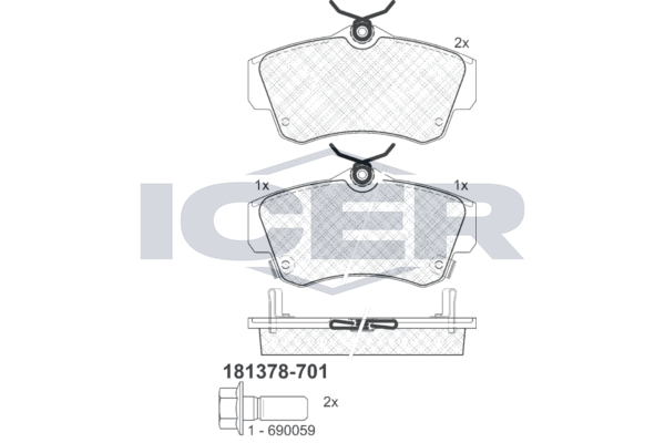 Комплект гальмівних накладок, дискове гальмо, Icer 181378701