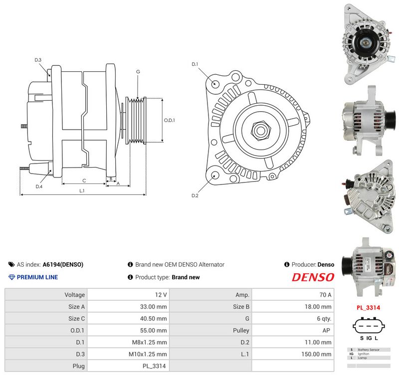 Generaator, AS-PL A6194(DENSO)