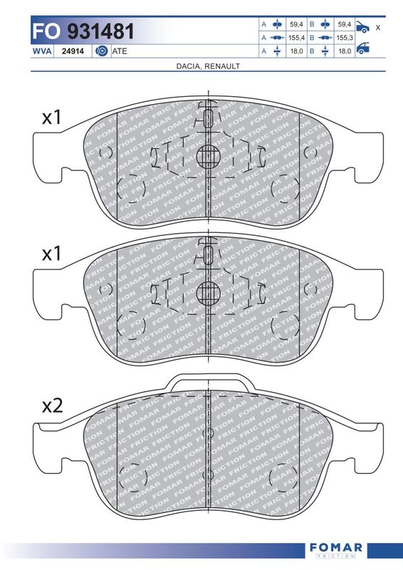 Комплект гальмівних накладок, дискове гальмо, Fomar 931481
