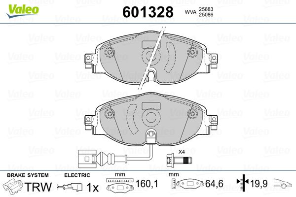 Комплект гальмівних накладок, дискове гальмо, Valeo 601328