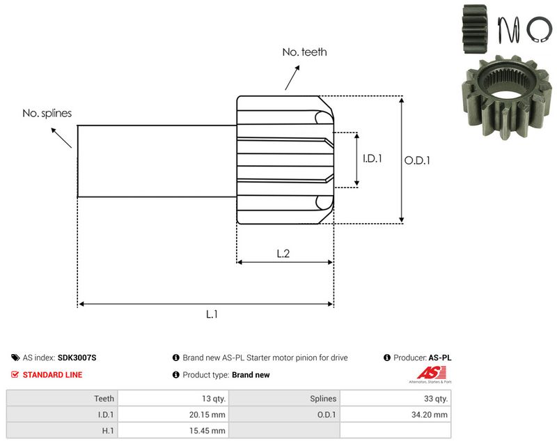 AS-PL SDK3007S Freewheel Gear, starter