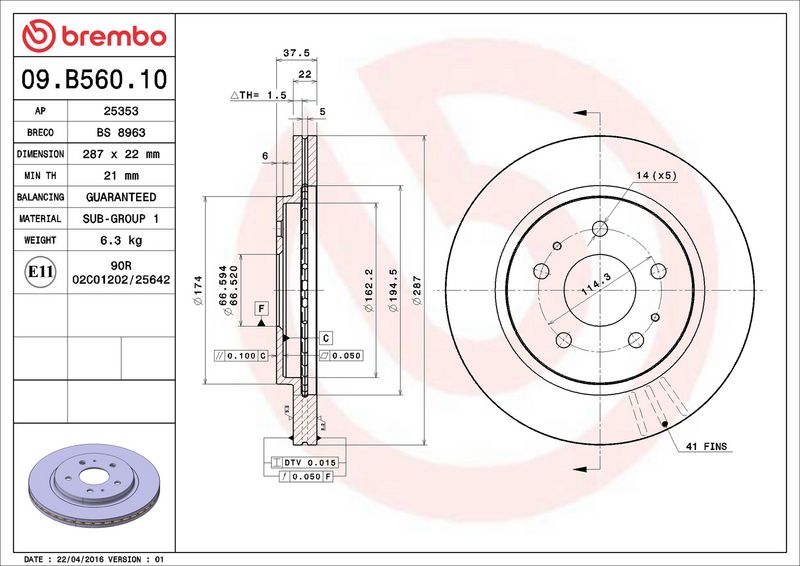 BREMBO 09.B560.10 Brake Disc