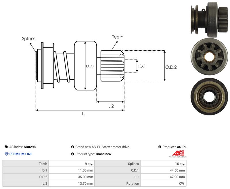 AS-PL SD0298 Freewheel Gear, starter