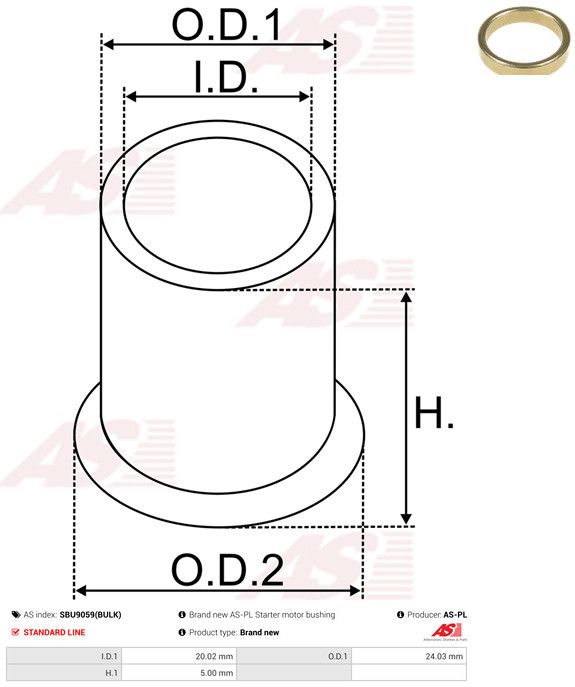 AS-PL SBU9059(BULK) Bush, starter shaft
