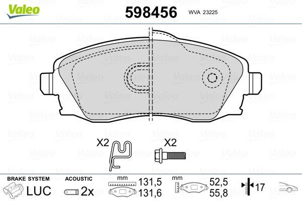 Комплект гальмівних накладок, дискове гальмо, Valeo 598456