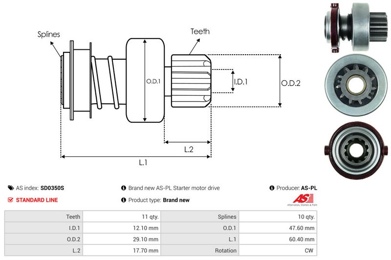 AS-PL SD0350S Freewheel Gear, starter