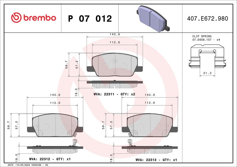 BREMBO Remblokkenset, schijfrem P 07 012