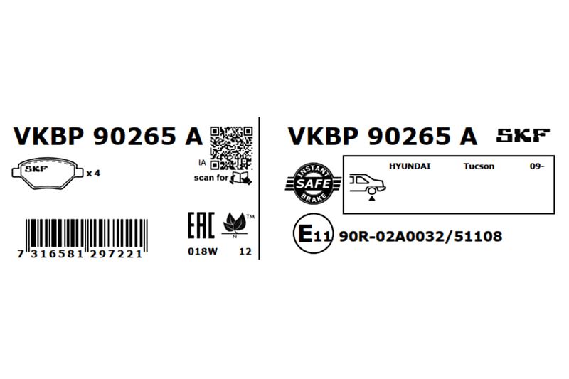 Комплект гальмівних накладок, дискове гальмо, Skf VKBP90265A