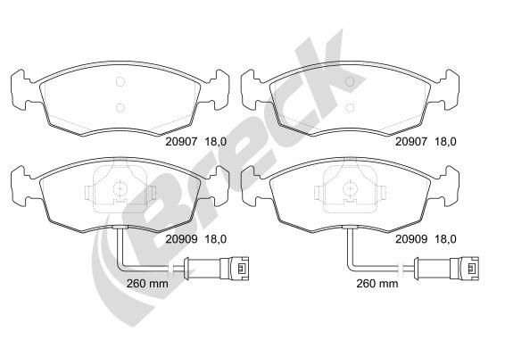 Комплект гальмівних накладок, дискове гальмо, Breck 209070070210