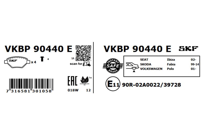 Комплект гальмівних накладок, дискове гальмо, Skf VKBP90440E