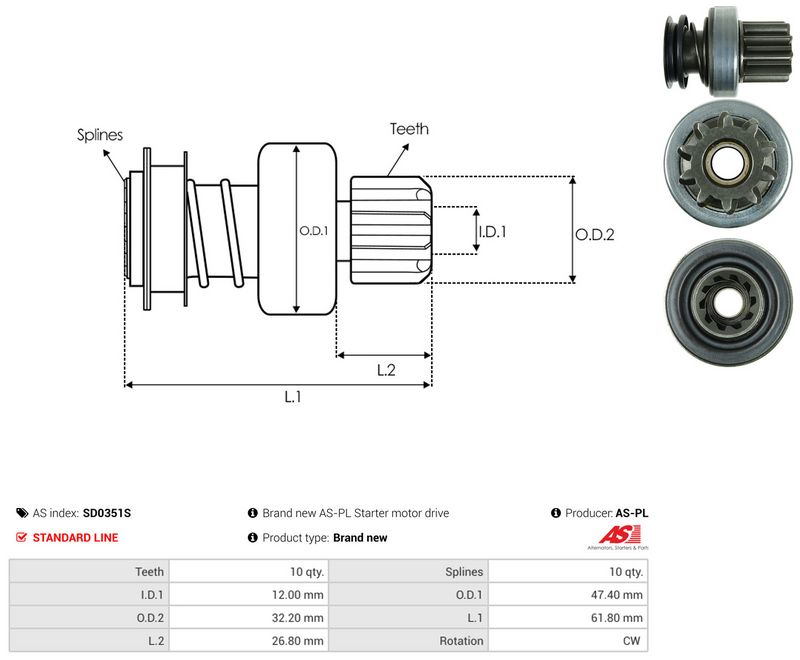 AS-PL SD0351S Freewheel Gear, starter