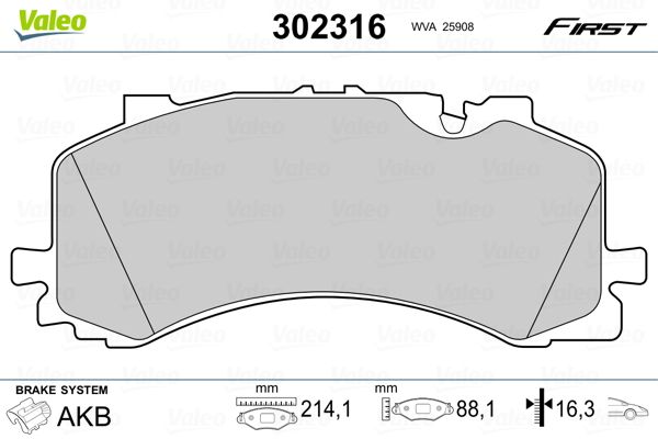 Комплект гальмівних накладок, дискове гальмо, Valeo 302316