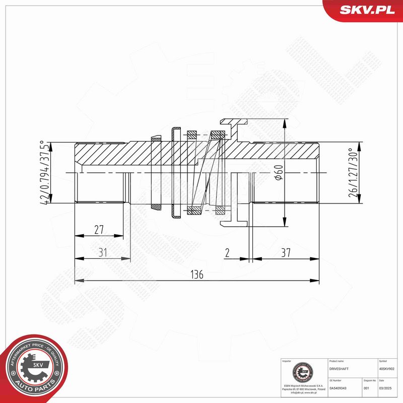 ESEN SKV 40SKV902 Stub Shaft, differential