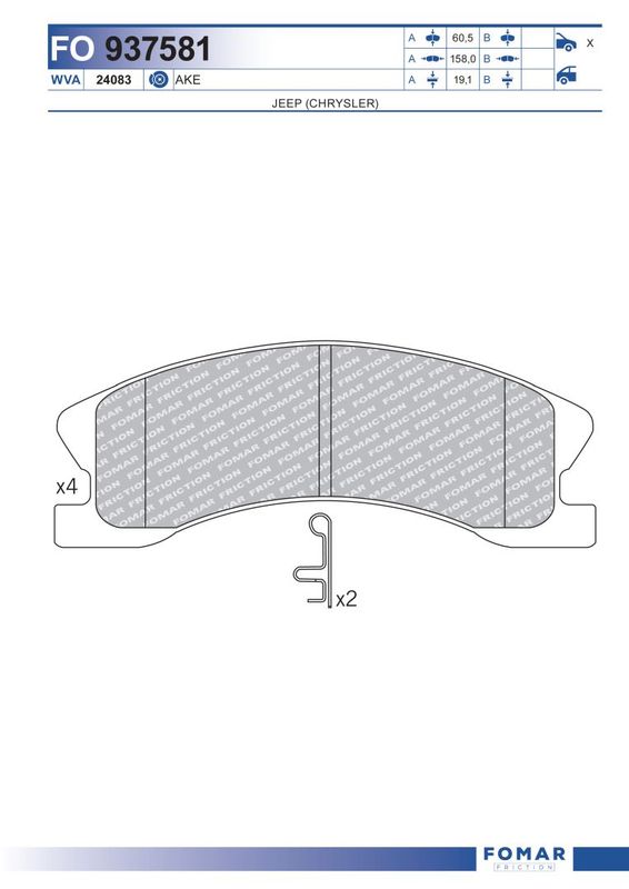Комплект гальмівних накладок, дискове гальмо, Fomar 937581