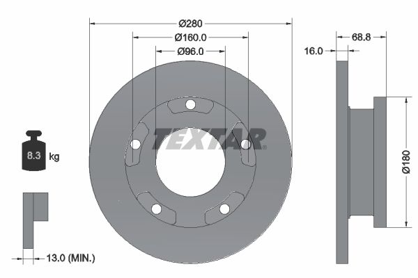 Гальмівний диск, повн., 280мм, FORD TRANSIT 00- (с покрытием PRO) зад., Textar 92159103