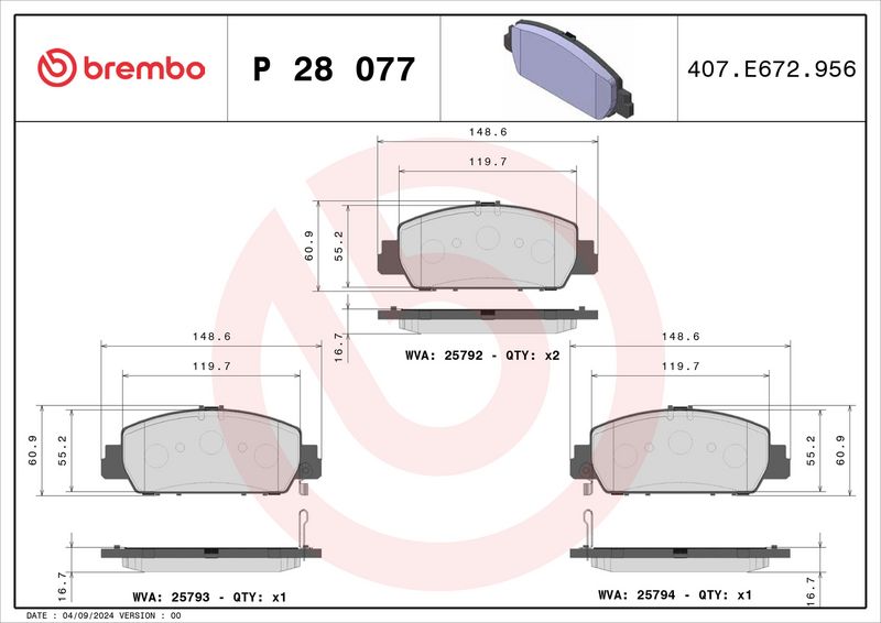 P28077 BREMBO Комплект гальмівних колодок з 4 шт. дисків - Фото 3