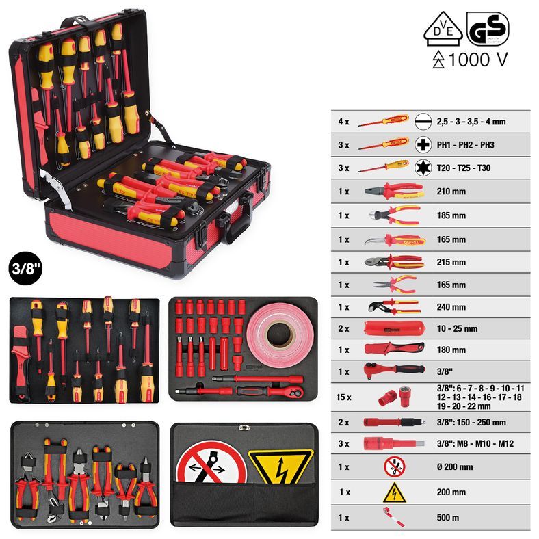 Verktygslåda med isolerade elverktyg för hybrid- och elfordon, 43 delar