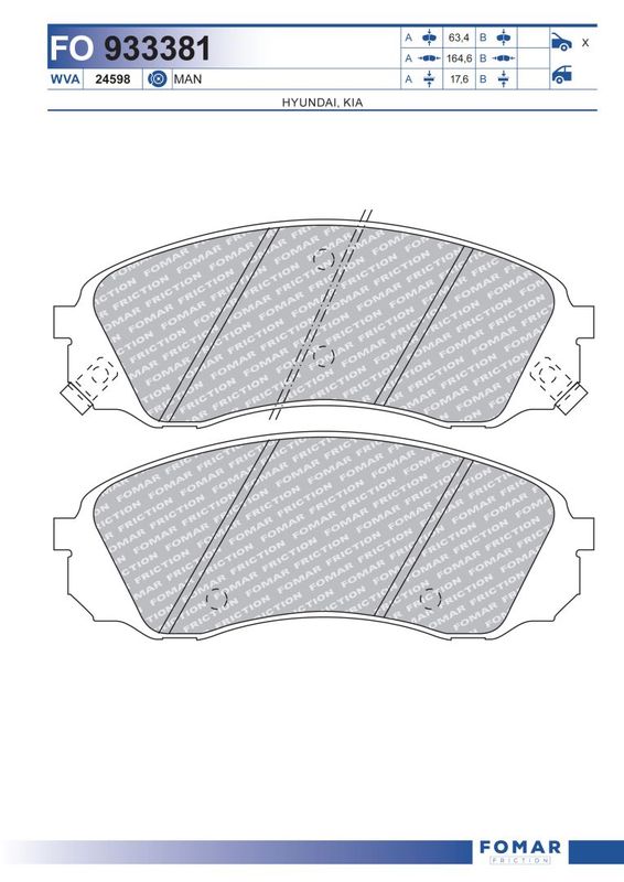 Комплект гальмівних накладок, дискове гальмо, Fomar 933381