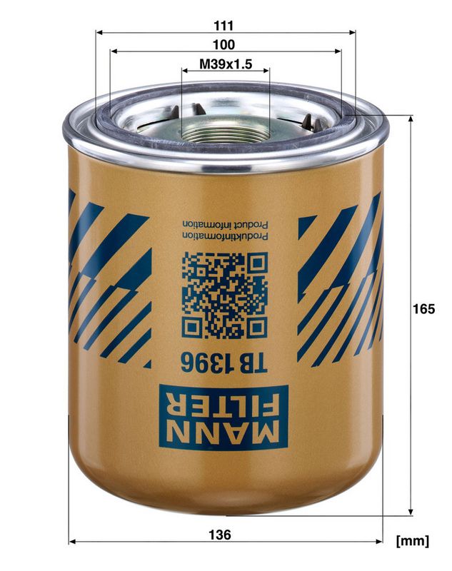 Õhukuivatuspadrun, suruõhusüsteem, MANN-FILTER TB 1396 x