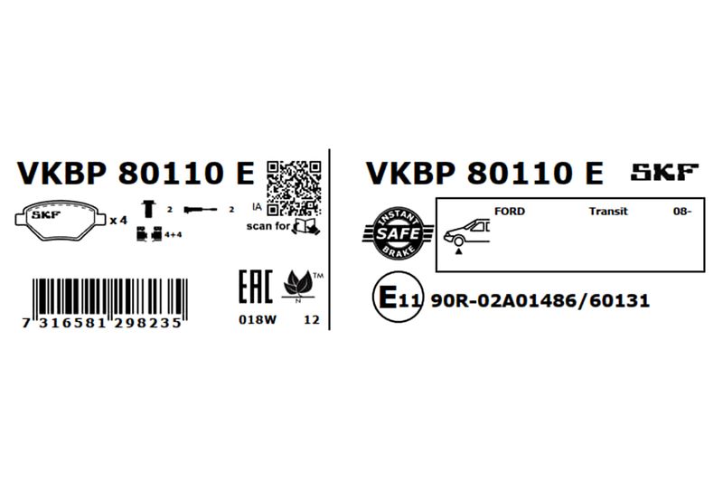 Комплект гальмівних накладок, дискове гальмо, Skf VKBP80110E