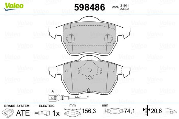 Комплект гальмівних накладок, дискове гальмо, Valeo 598486