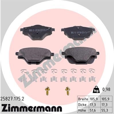 Комплект гальмівних накладок, дискове гальмо, Zimmermann 25827.175.2