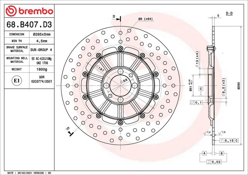Brake disc Achter vast, 285/51x5mm 4x68mm, diameter bevestigingsgat 13mm, hoogte (tussenruimte) 0 past: BMW K 100/100 RS (16V)/100 RS (8V)/100 RT/1000/1100LT/1100LT (Sp. Ed.)/1100LT Highline/75/75RT/7