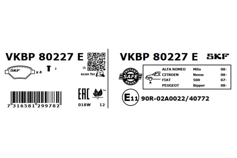 Комплект гальмівних накладок, дискове гальмо, Skf VKBP80227E