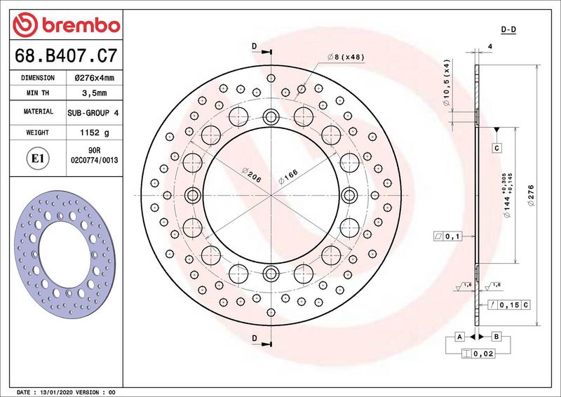 Brake disc Voor vast, 276/144x4mm 4x166mm, diameter bevestigingsgat 10,5mm, hoogte (tussenruimte) 0 past: HONDA XRV 650 (Africa Twin)/750 (Africa Twin) 1990-2002