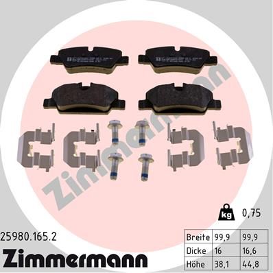 Комплект гальмівних накладок, дискове гальмо, Zimmermann 25980.165.2