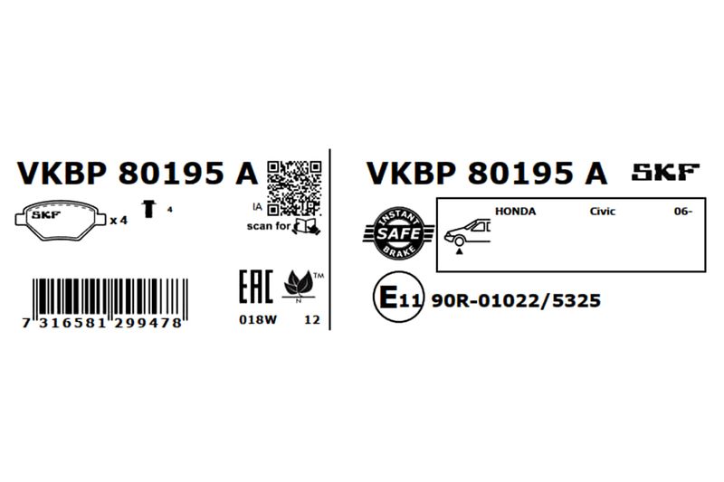 Комплект гальмівних накладок, дискове гальмо, Skf VKBP80195A