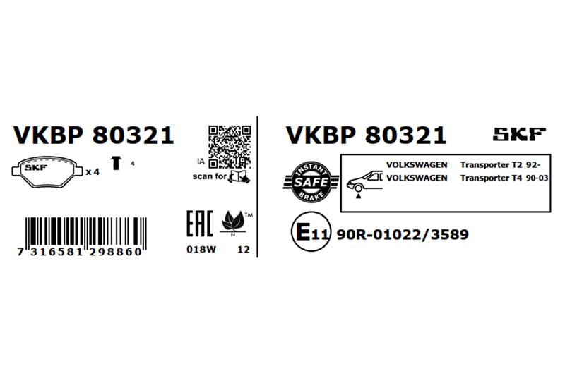 Комплект гальмівних накладок, дискове гальмо, Skf VKBP80321